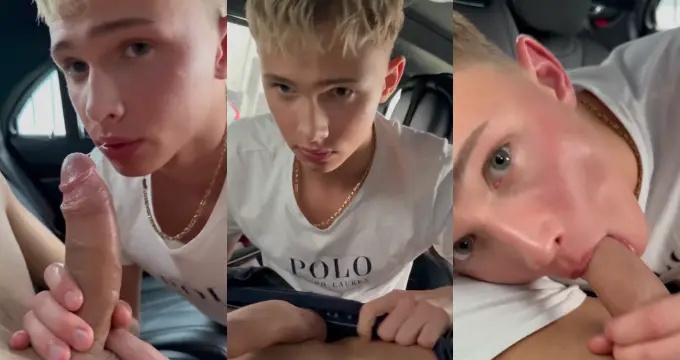 POV of a blonde twink sucking your cock in the car