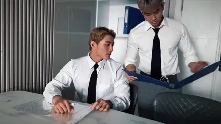 Three way asian jerk in the office- Bevis.Asian