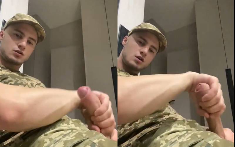 Military guy jerks his cock a short clip