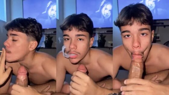 Twink smokes a joint while sucking cock