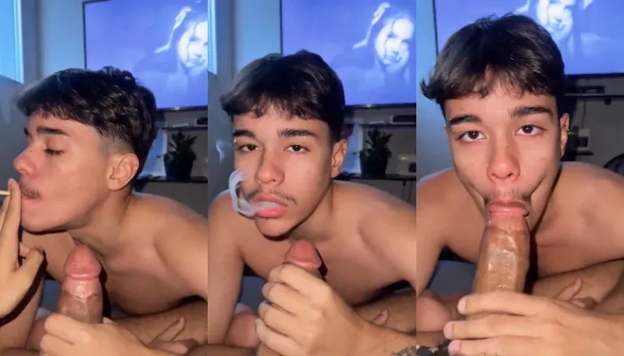 Twink smokes a joint while sucking cock
