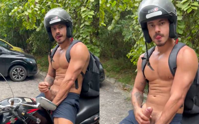 Fit motorcyclist jerks off on his bike