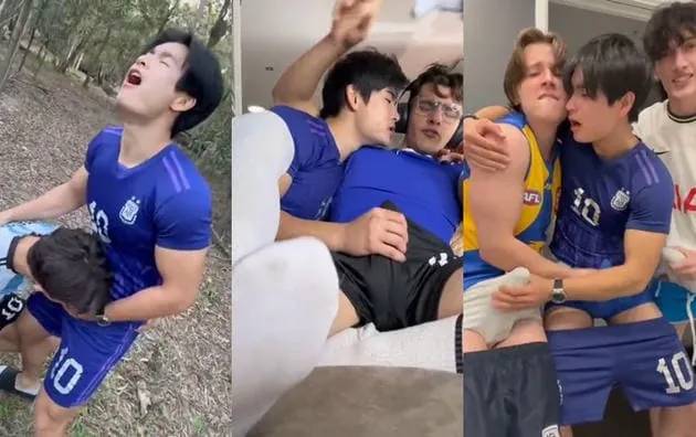 Three twinks jerk through their shorts